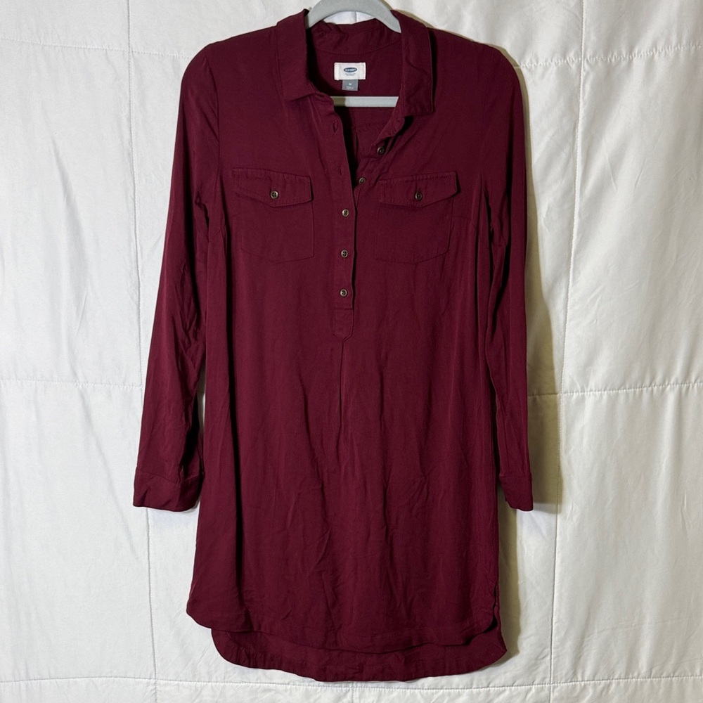 Old Navy Burgundy Rayon Shirt Dress Medium Long‎ Sleeve Button Front